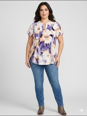 Ava & Grace Purple Watercolor Floral Lace-Up Pleated Blouse 1X